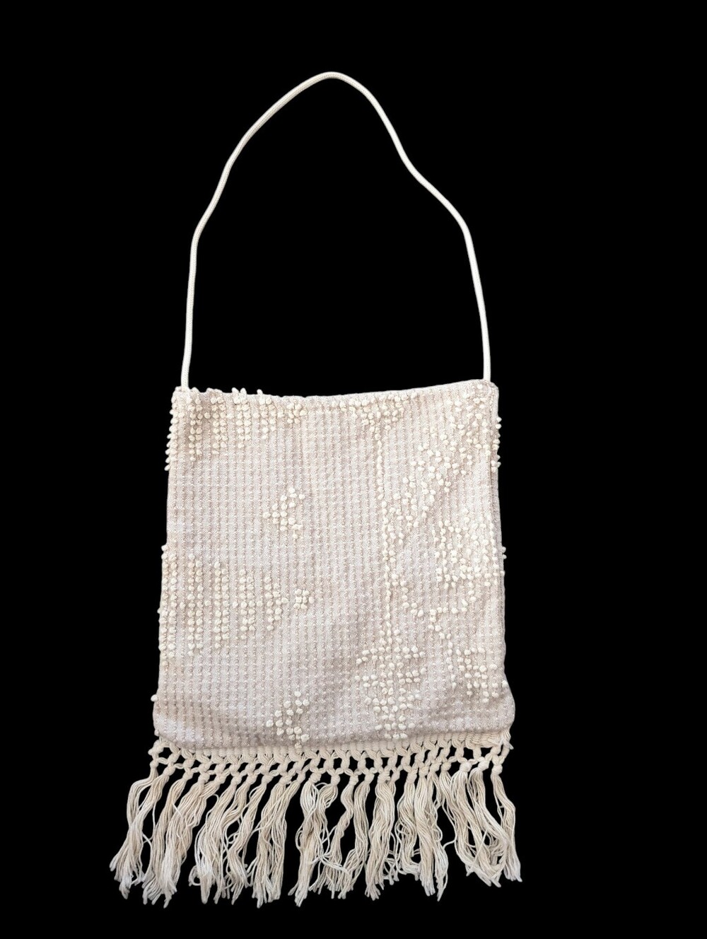 Vintage Boho Cloth Textured Purse Fringe Hippie Bohemian Beige Shoulder Bag